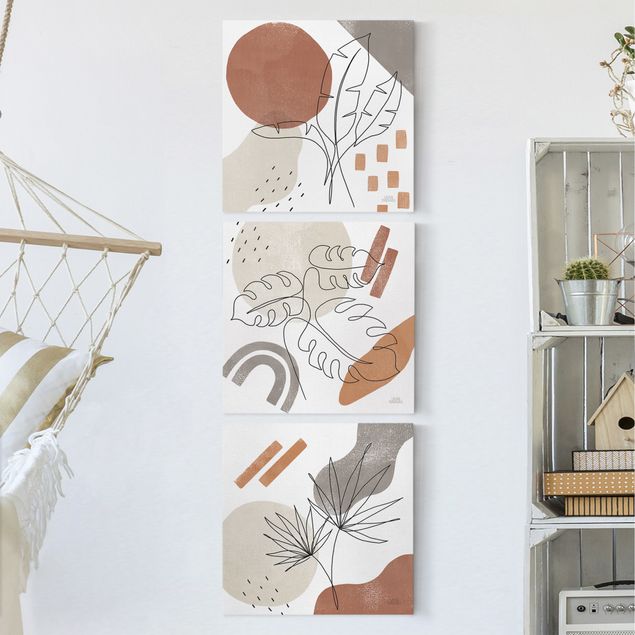 Moderne Leinwandbilder Wohnzimmer Pflanzenblätter Lineart und Terracotta Farben