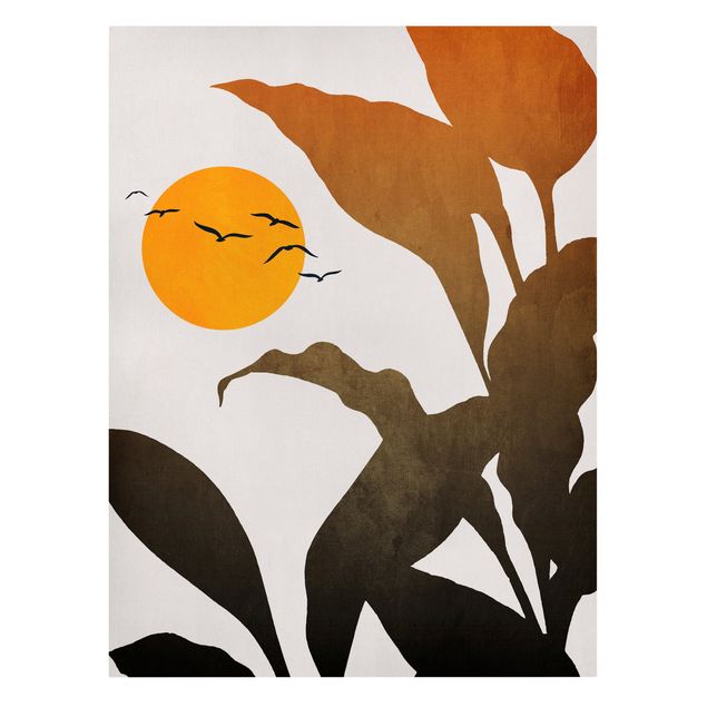 Leinwandbild Kunstdruck Pflanzenwelt mit gelber Sonne