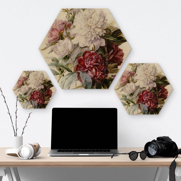 Hexagon-Holzbild - Pierre Joseph Redouté - Strauß von roten,lila und weissen Pfingstrosen