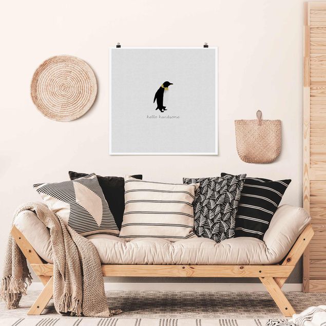 Schwarz-Weiß Poster Pinguin Zitat Hello Handsome