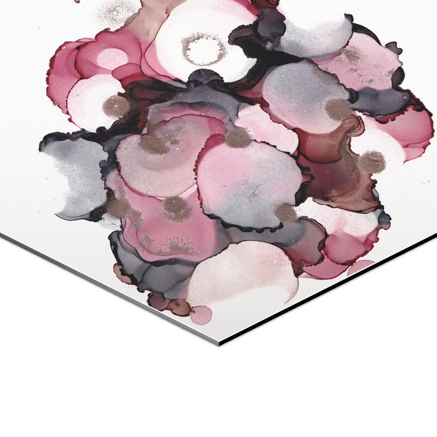 Hexagon Bild Alu-Dibond - Pink-Beige Tropfen mit Roségold