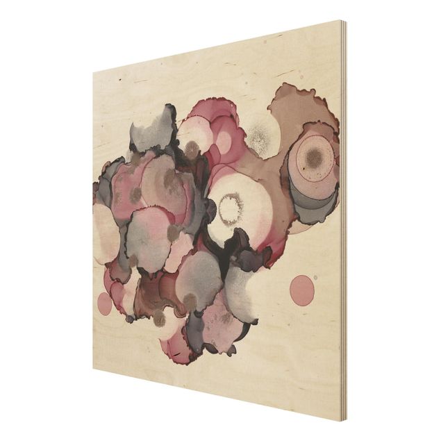 Holzbild - Pink-Beige Tropfen mit Roségold - Quadrat