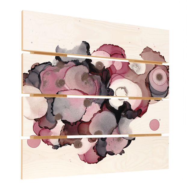 Holzbild - Pink-Beige Tropfen mit Roségold - Quadrat