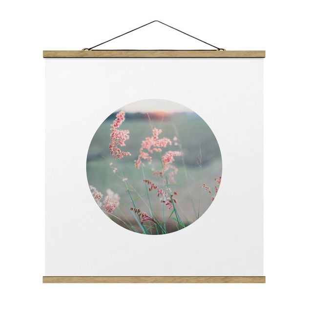 Stoffbild mit Posterleisten - Pinke Blumen im Kreis - Quadrat 1:1