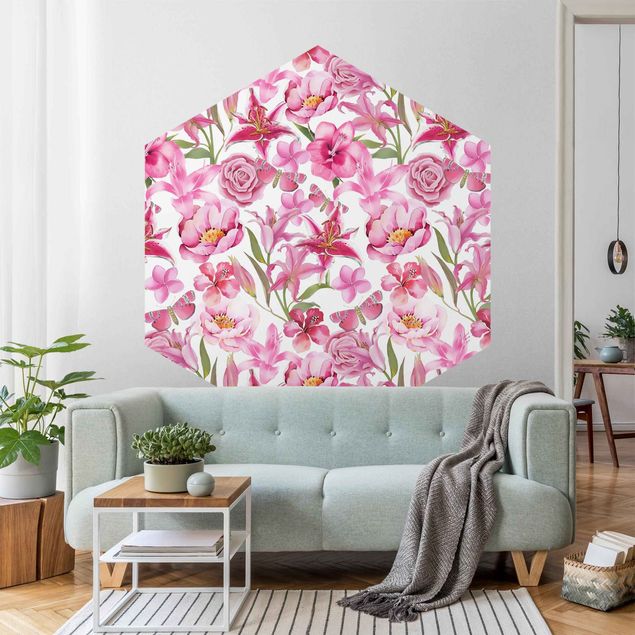 Tapete Landhaus Pinke Blumen mit Schmetterlingen