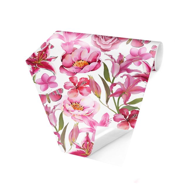 Fototapete Design Pinke Blumen mit Schmetterlingen