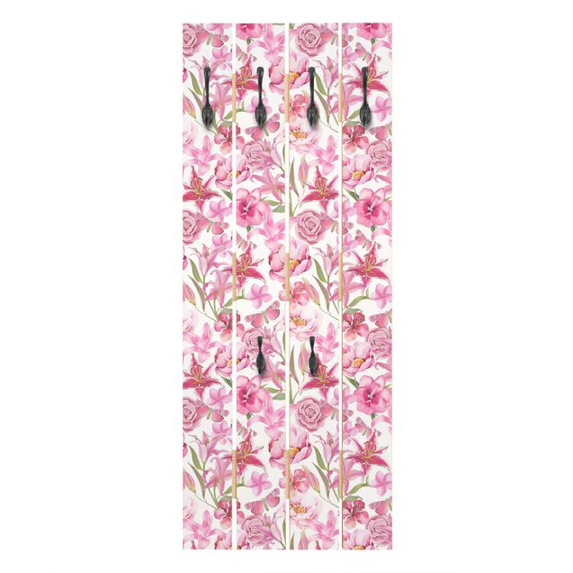 Wandgarderobe Holzpalette - Pinke Blumen mit Schmetterlingen