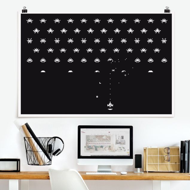 Poster Schwarz Weiß Querformat Pixel Retro Game Klassiker auf Schwarz