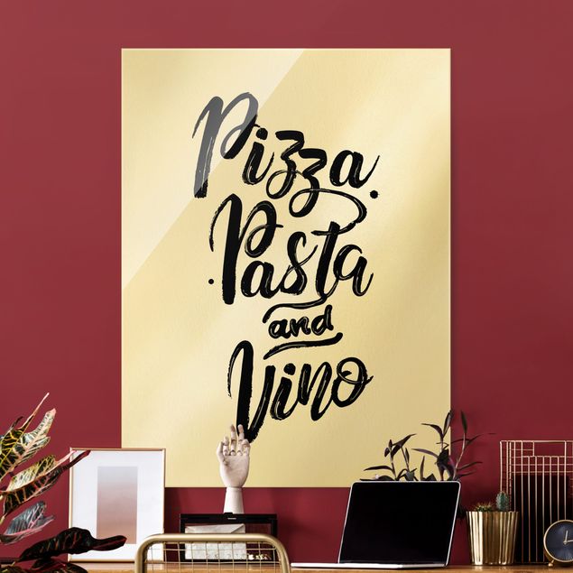Glasbild Schwarz-Weiß Pizza Pasta und Vino