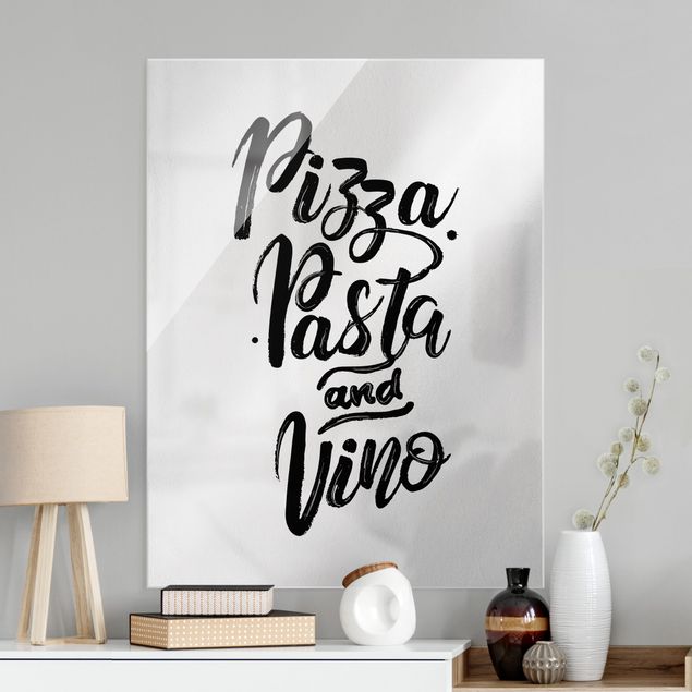 Glasbild Schwarz-Weiß Pizza Pasta und Vino