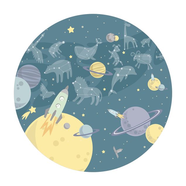Runder Vinyl-Teppich - Planeten mit Sternzeichen und Raketen
