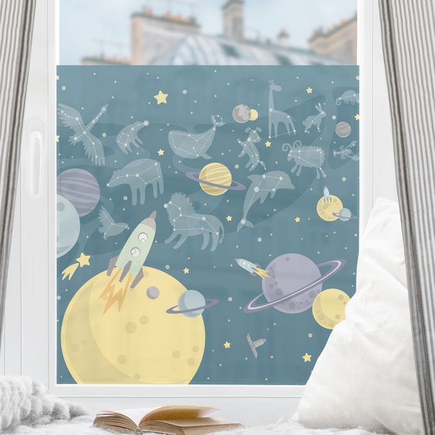 Fensterfolie Wohnzimmer Planeten mit Sternzeichen und Raketen