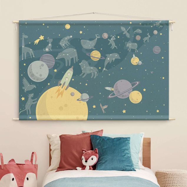 Wandteppich Mandala Planeten mit Sternzeichen und Raketen