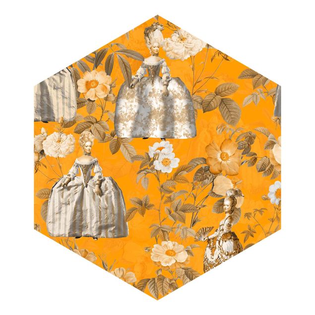 Wandtapete Design Pompöse Kleider im Garten auf Orange