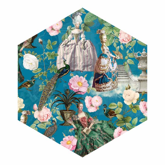 Wandtapete Design Pompöse Kleider im Rosengarten auf Blau