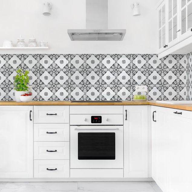 Küchenrückwand Fliesenoptik Portugiesische Vintage Keramikfliesen - Sintra Schwarz Weiß