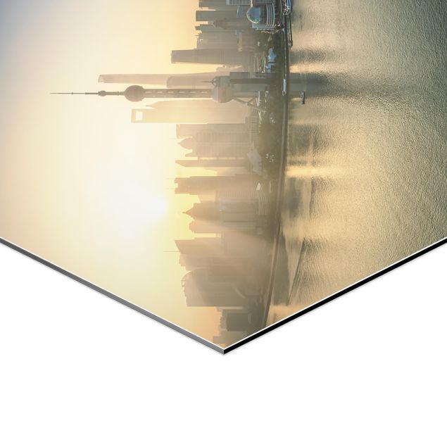Hexagon Bild Alu-Dibond - Pudong bei Sonnenaufgang