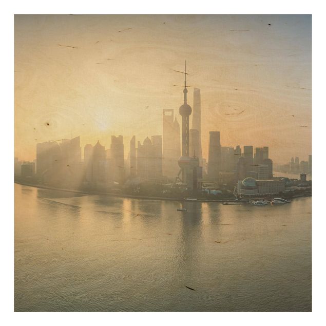 Holzbild Skyline Pudong bei Sonnenaufgang