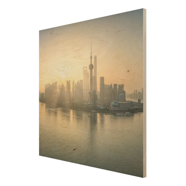 Bilder auf Holz Pudong bei Sonnenaufgang