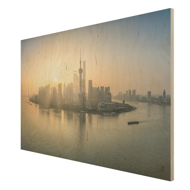 Wandbild Holz Pudong bei Sonnenaufgang
