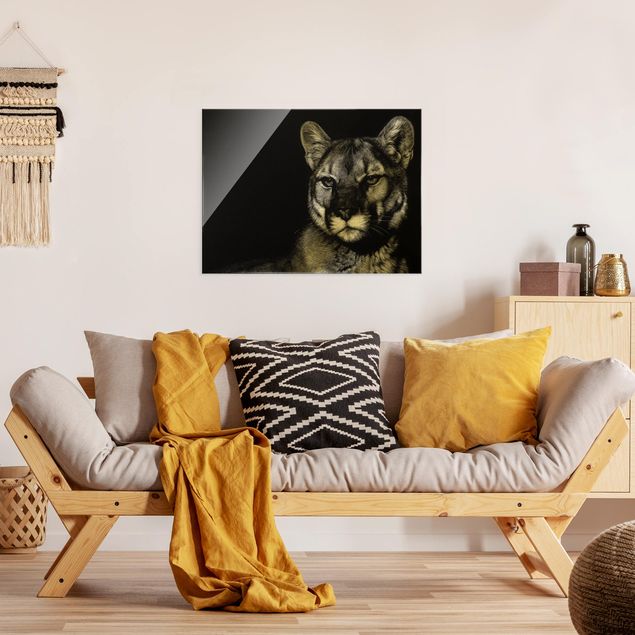 Glasbild Tiere Puma vor Schwarz
