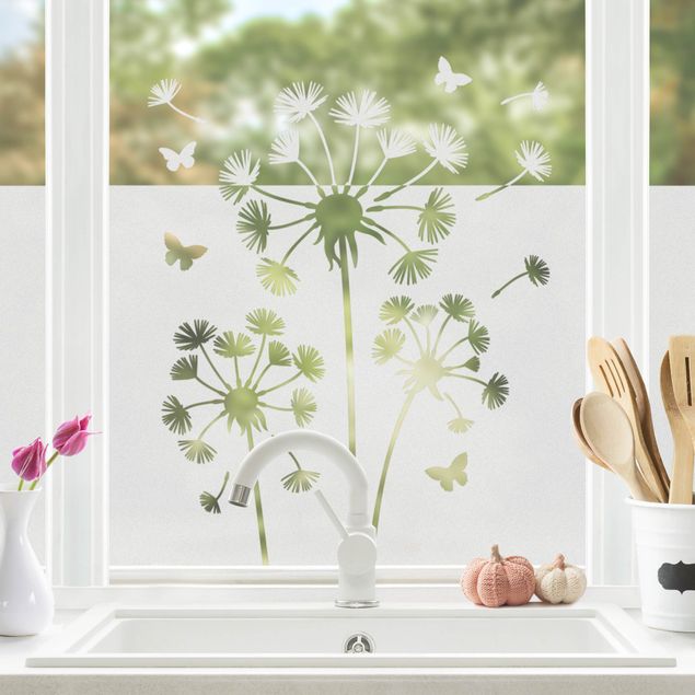 Fensterbilder selbstklebend Blumen Pusteblumen mit Schmetterlingen Bordüre