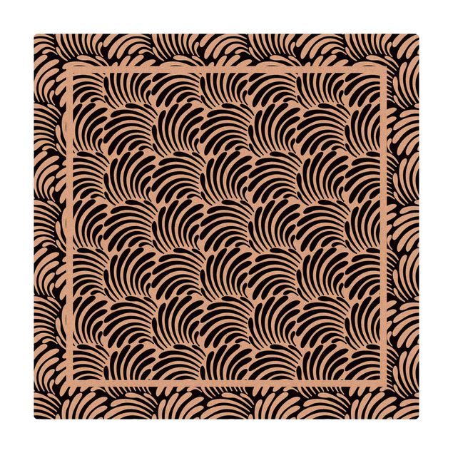 Kork-Teppich - Quadratische Blätterornamente Schwarz Weiß mit Rahmen - Quadrat 1:1