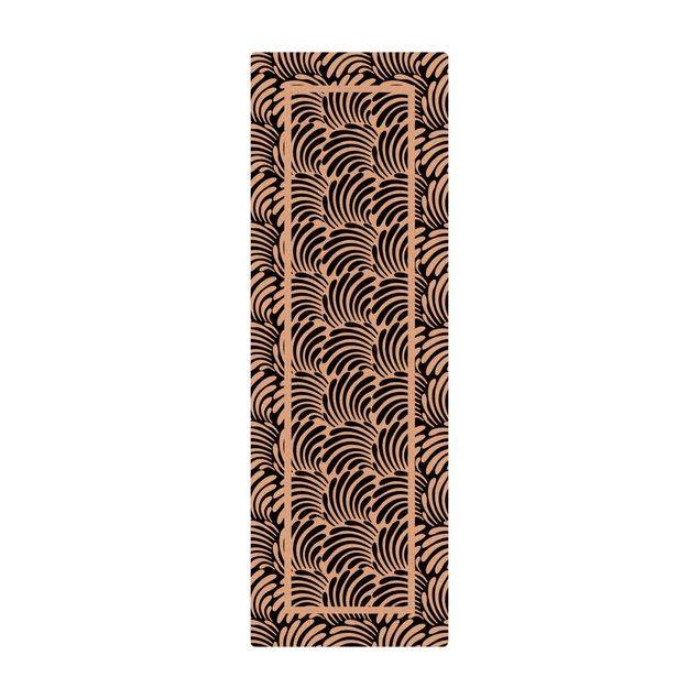 Kork-Teppich - Quadratische Blätterornamente Schwarz Weiß mit Rahmen - Hochformat 1:2