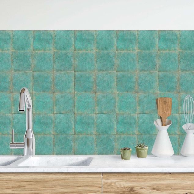 Küchenrückwände Platte Quadratische Fliesen in Türkis