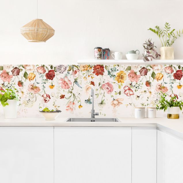 Küchenrückwand Glas Motiv Blumen Rankende Blumen Aquarell