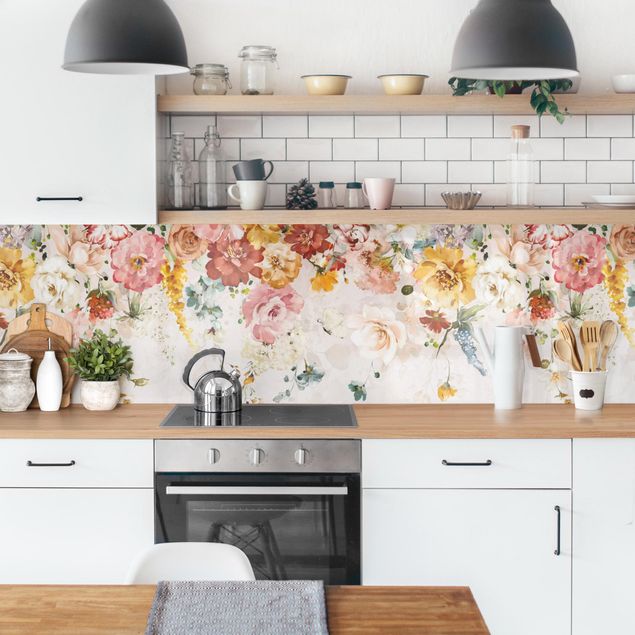Küchenrückwand Gräser Rankende Blumen Aquarell Vintage