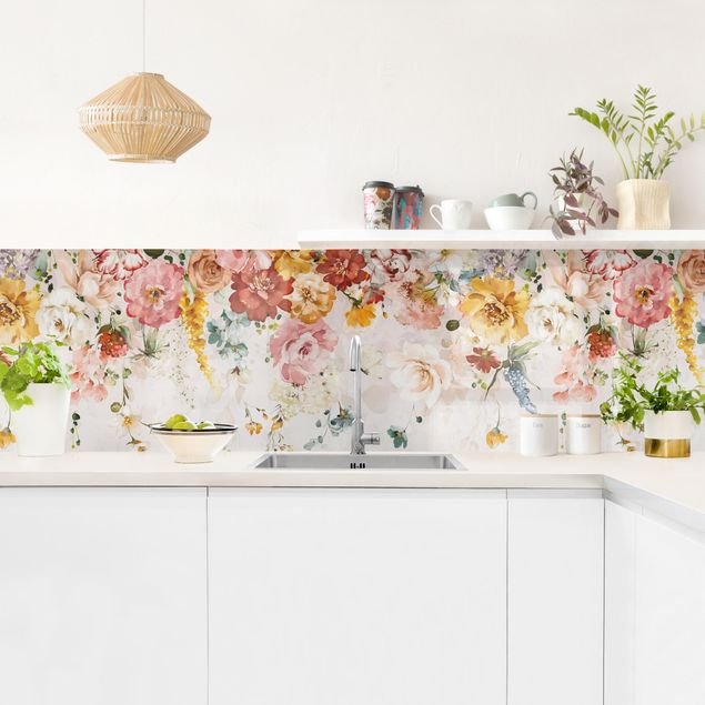 Küchenrückwand Glas Motiv Blumen Rankende Blumen Aquarell Vintage