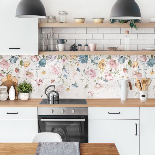 Küchenrückwand Folie Blumen Rankende Blumen mit Schmetterlingen Aquarell