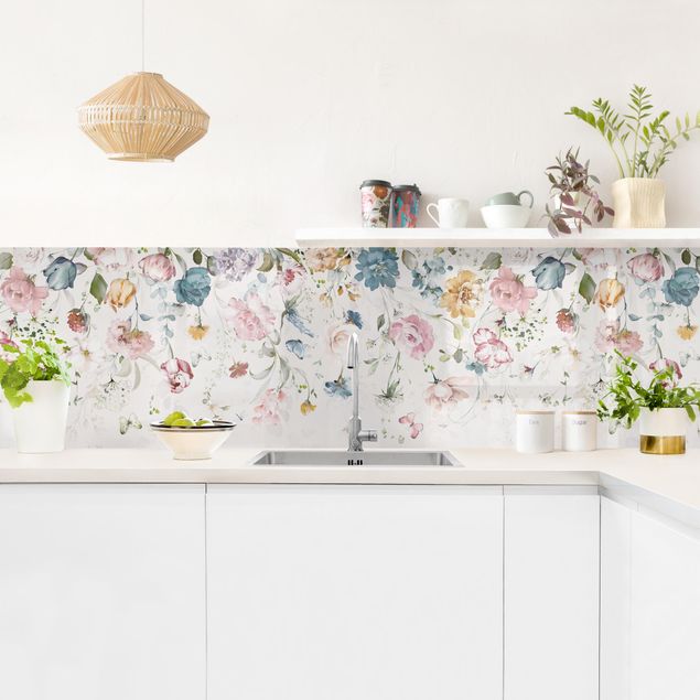 Glasrückwand Küche Blumen Rankende Blumen mit Schmetterlingen Aquarell