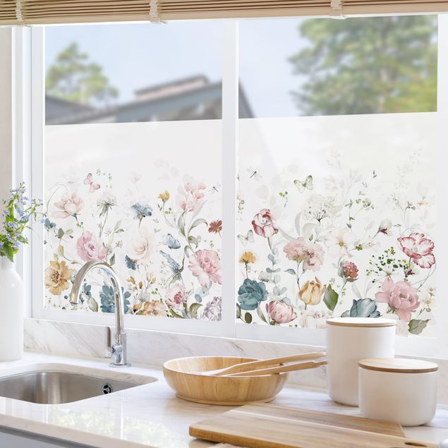 Fensterfolie Gräser Rankende Blumen mit Schmetterlingen Aquarell