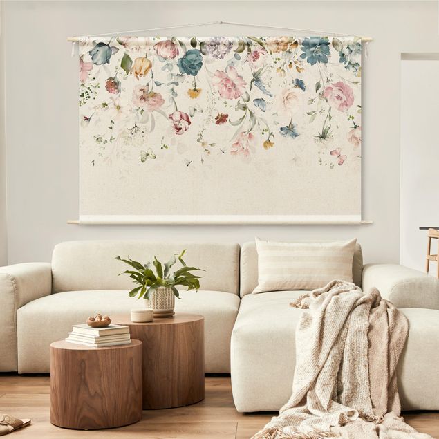 Wandbehang modern Rankende Blumen mit Schmetterlingen Aquarell