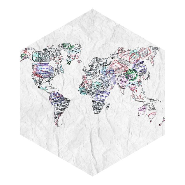 Hexagon Mustertapete selbstklebend - Reisepass Stempel Weltkarte