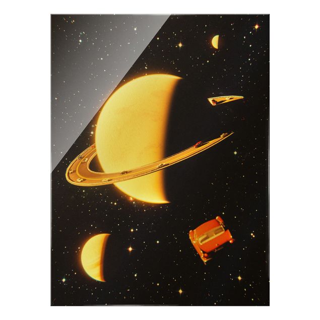 Glasbild - Retro Collage - Die Ringe des Saturn - Hochformat