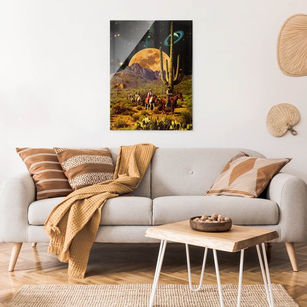 Glasbilder Landschaft Retro Collage - Weltraum Cowboys