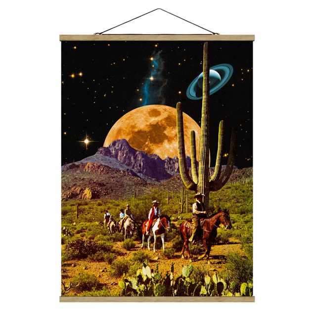 Stoffbild mit Posterleisten - Retro Collage - Weltraum Cowboys - Hochformat 3:4