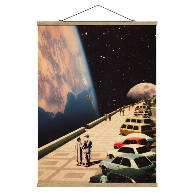 Stoffbild mit Posterleisten - Retro Collage - Weltraum Promenade - Hochformat 3:4