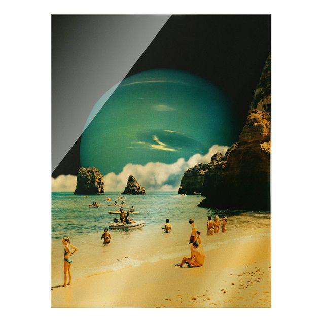 Glasbilder Retro Collage - Weltraum Strand