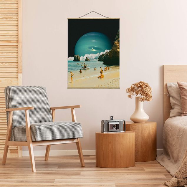 Stoffbilder zum Aufhängen Retro Collage - Weltraum Strand