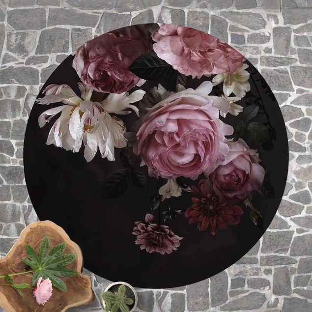 outdoor-teppich wetterfest Rosa Blumen auf Schwarz Vintage