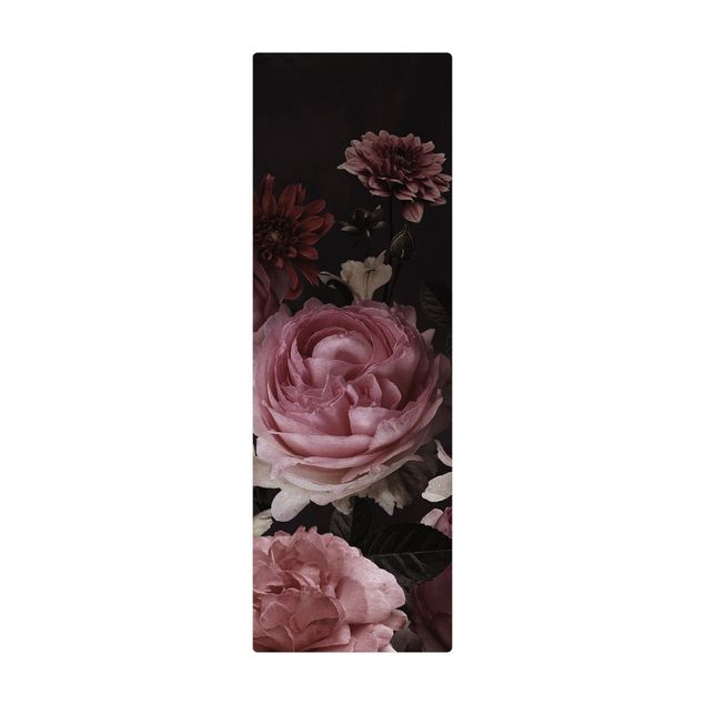 Teppich Esszimmer Rosa Blumen auf Schwarz Vintage
