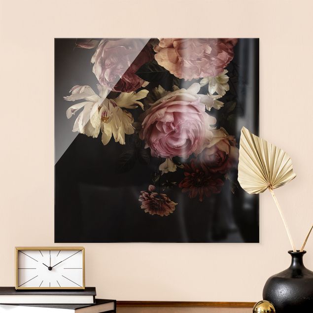 Glasbilder XXL Rosa Blumen auf Schwarz Vintage