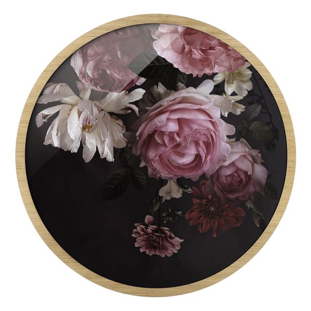 Rundes Gerahmtes Bild - Rosa Blumen auf Schwarz Vintage