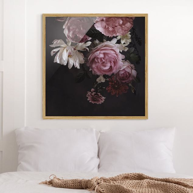 Blumen Bilder mit Rahmen Rosa Blumen auf Schwarz Vintage