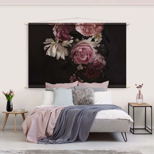 Wandbehang XXL Rosa Blumen auf Schwarz Vintage