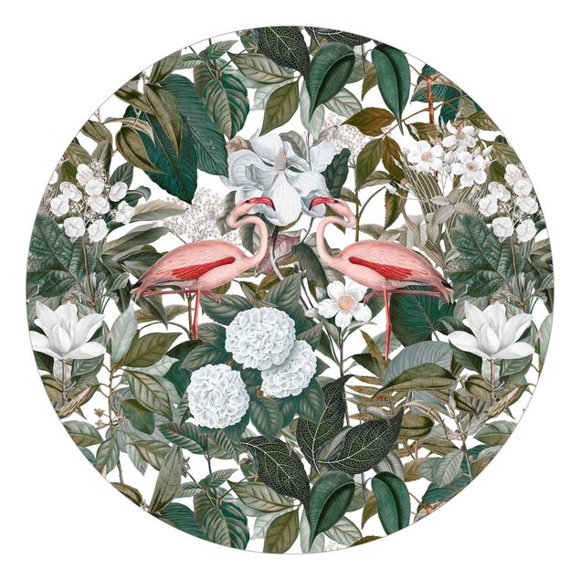 Tapete Rosa Flamingos mit Blättern und weißen Blumen
